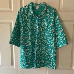 American Sweetheart women's XL short sleeve button down blouse aqua floral